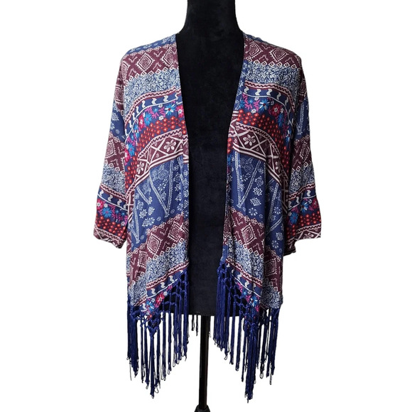 Hollister XS VTG Multi-Color‎ Print Kimono Cover-Up Blue Fringe Hem - Picture 1 of 14